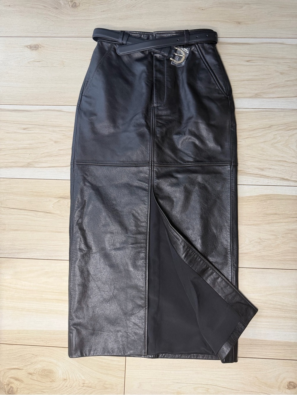 Self-Portrait Black Cow Leather High-Waist Pencil Skirt with Front Slit